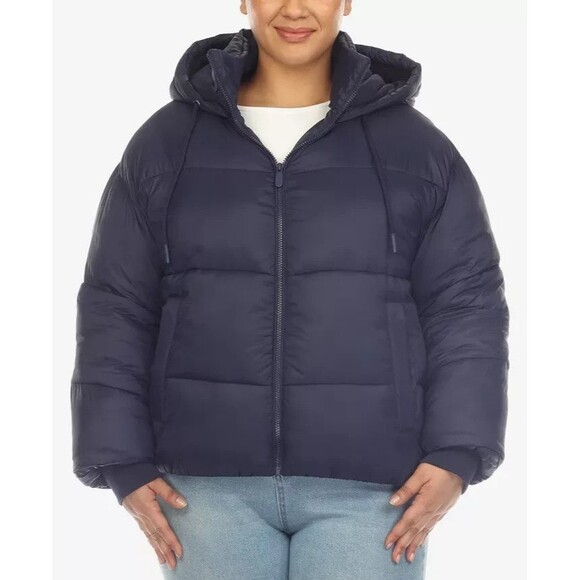White Mark Women's Plus Size Hooded Bomber Puffer Coat Jacket Navy Blue 3X - Picture 1 of 12